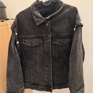 Black Washed Denim Jacket with Pearl Snap Details